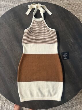 Lulu's Cream and Brown Halter Knit Mini Dress